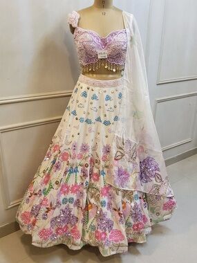 Embroidered Lavender and White Floral Lehenga Set